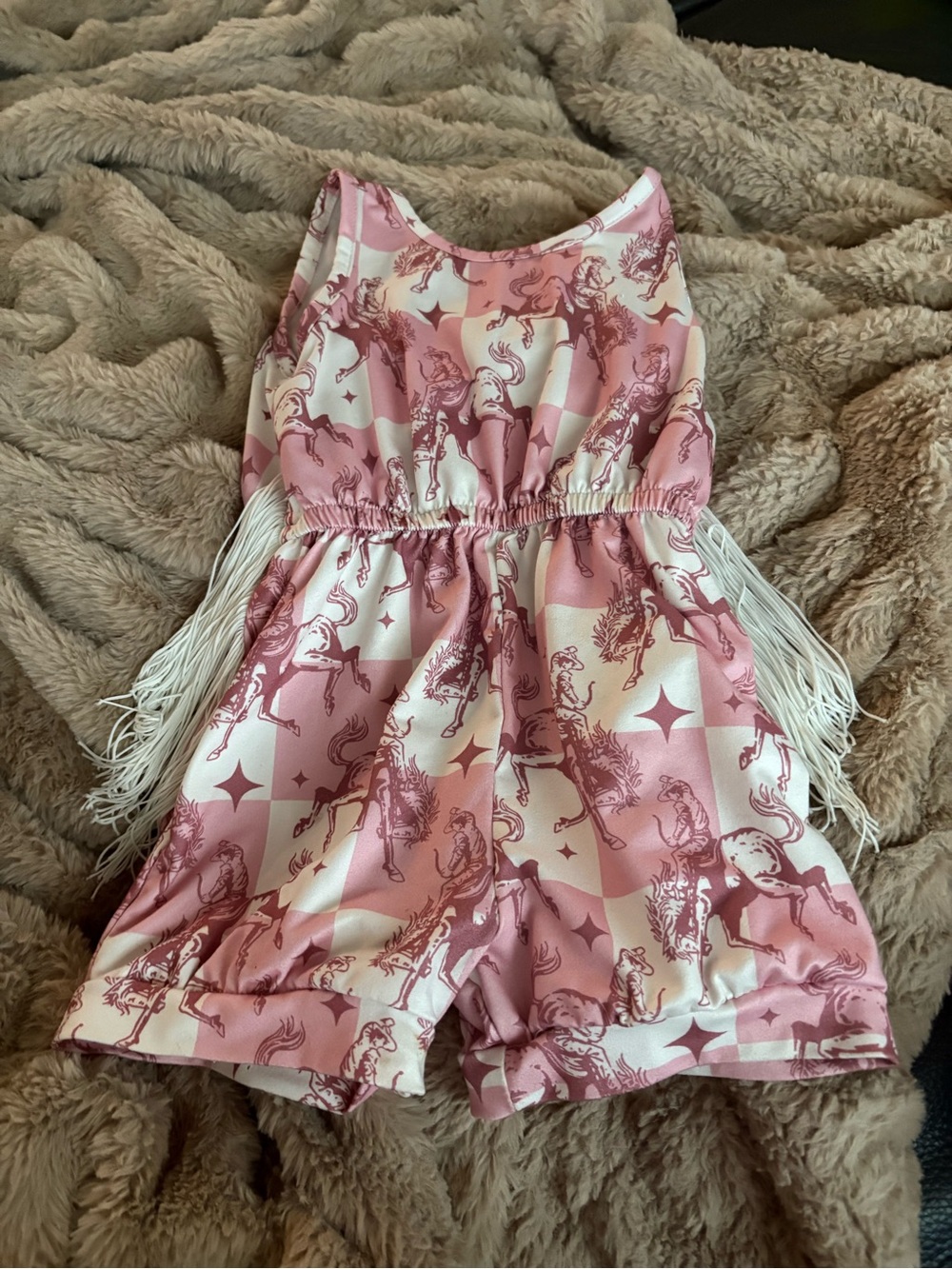 Shea Baby Romper Baby Girl 12-18M Pink Toile Horse Western Fringe Sleeveless